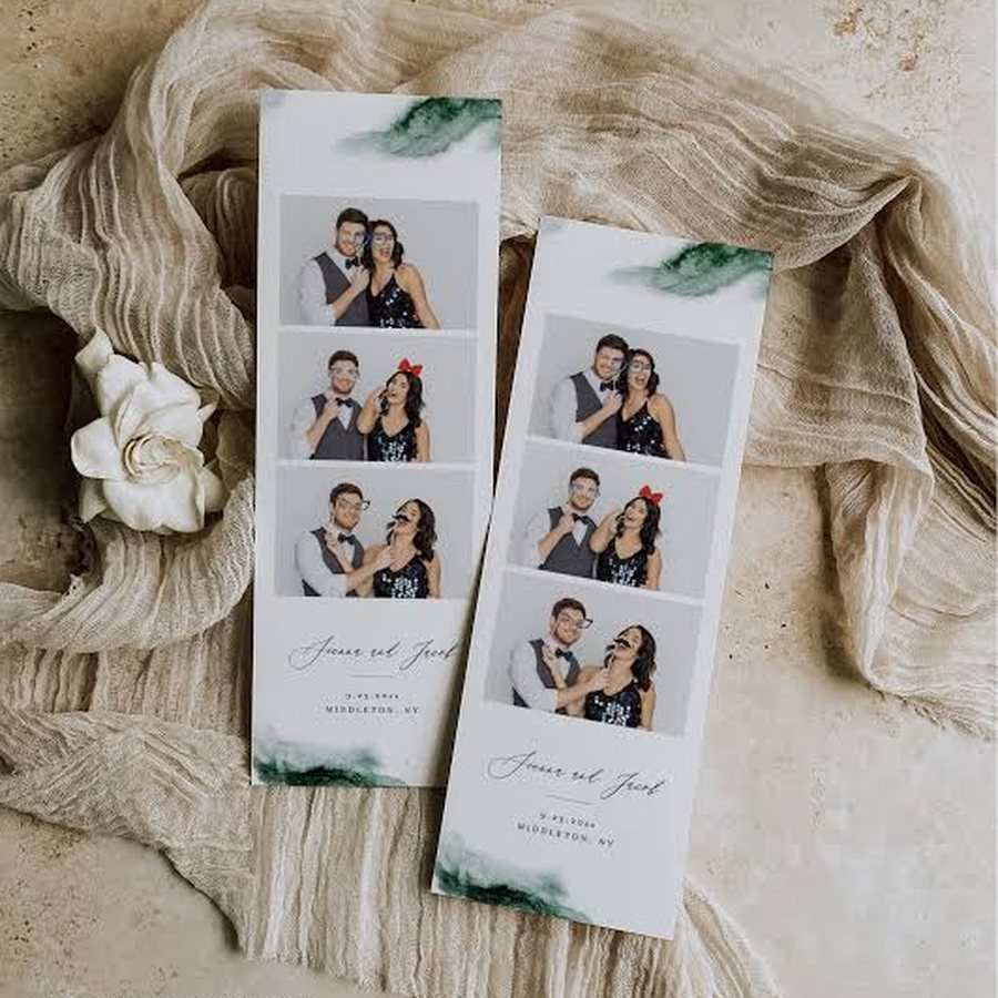 Photo strips from a wedding, printed with the couple's names and date