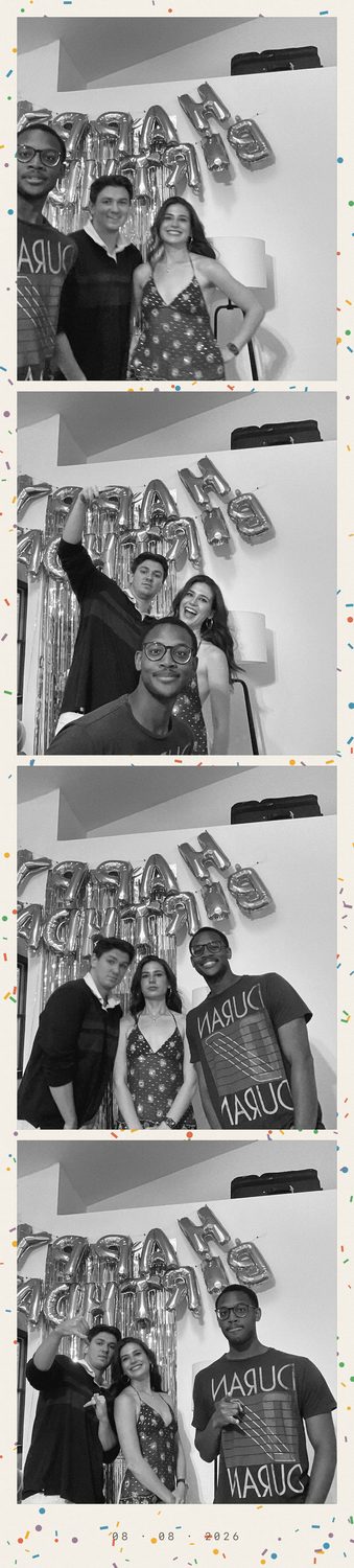 Black and white photo strip of three friends at a party