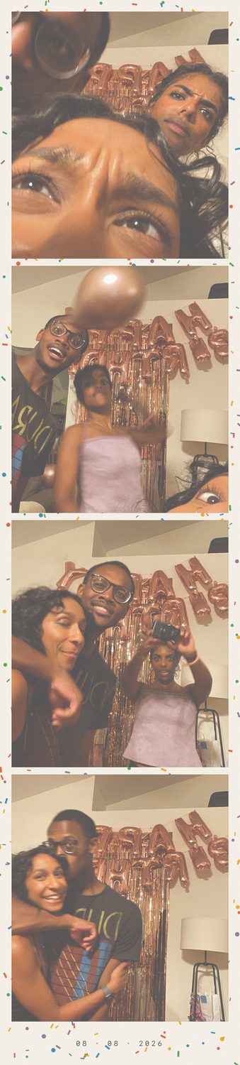 Colour photo strip of guests in front of a balloon backdrop